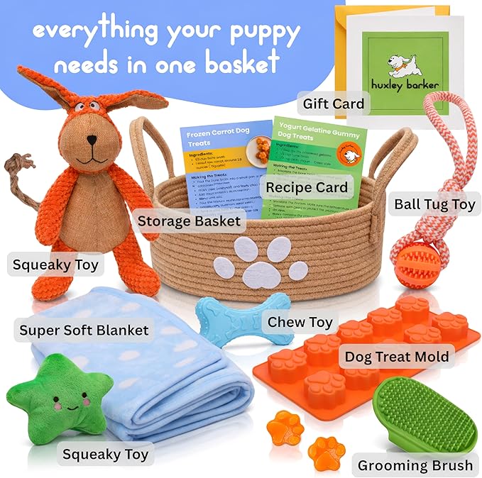 Premium Puppy Starter Kit - New Puppy Gift Basket with Essentials, Toy Box, Treat Tray, Training Supplies, Chew & Squeaky Toys for Puppies and Small Dogs - Complete Dog Must Haves for New Dog Owners