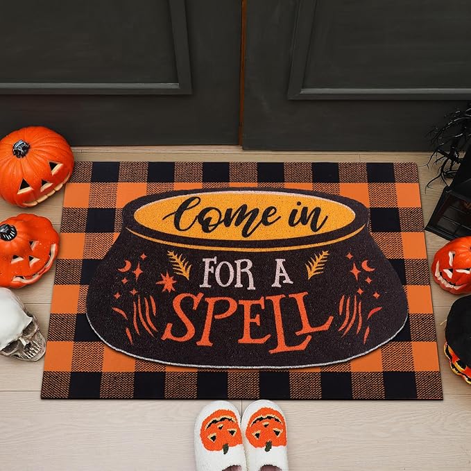 Tinideya 2 Pcs Halloween Door Mat Come in for A Spell Welcome Non Slip Coir Mats Funny Black Orange Buffalo Plaid Floor Layering Doormats Seasonal for Front Porch Entryway Decor(Come in for A Spell)