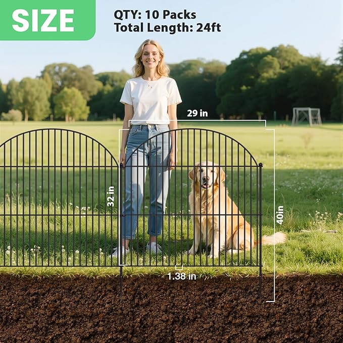 10Pcs No Dig Garden Fence, 32in(H)/24ft(L) Rustproof Metal Dog Fence Outdoor for Yard, Tall Animal Barrier Pet Fencing, Border Panel for Dog, Rabbits, Patio, Flower Bed, Garden Decor
