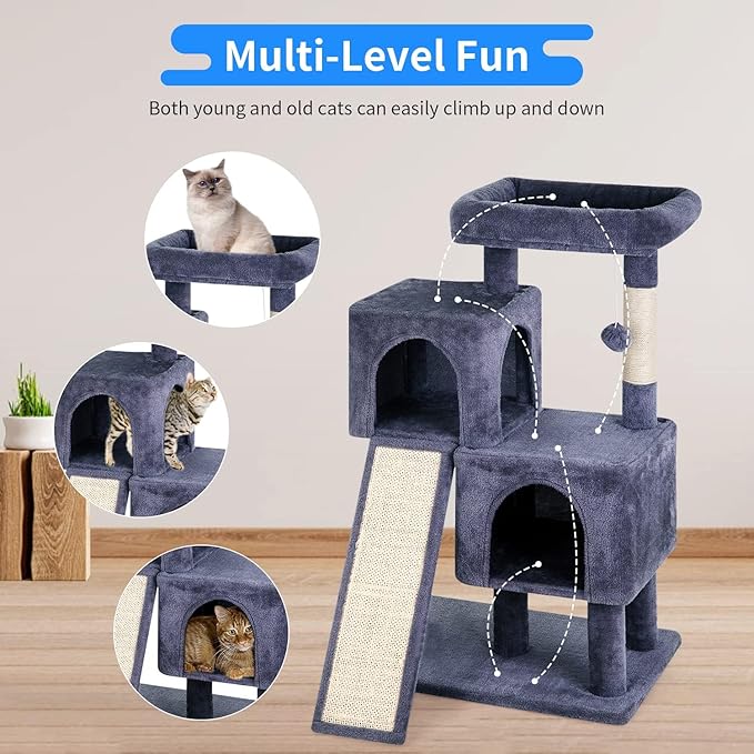 Cat Tree Tower, 36.4" Small Cat Tower for Indoor Cats with Cat Scratching Post with Bed, Cat Condo, Hang Ball, Multi-Level Cat Climbing Tower Cat Trees Cat Furniture Activity Center, Dark Grey