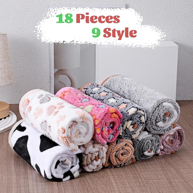 SHENLIU 18 Pcs Fleece Pet Blanket, 9 Style Small Fleece Pet Blanket Soft Warm Sleep Mat Fluffy Cute Puppy Supplies Paw Star Print Design Bed Blankets for Dog Cat Kitten Animals