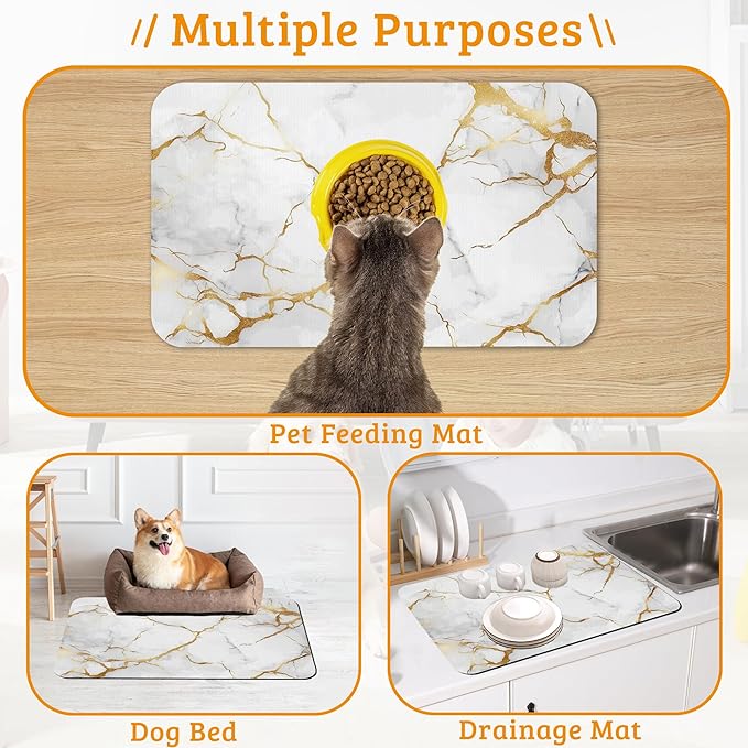 Abstract Marble Dog Food Mat,White Gold Absorbent Pet Feeding Mat for Food and Water Bowl,Quick Dry Dog Placemat Non Slip Rubber Backing Waterproof Pet Supplies 12" x 20"