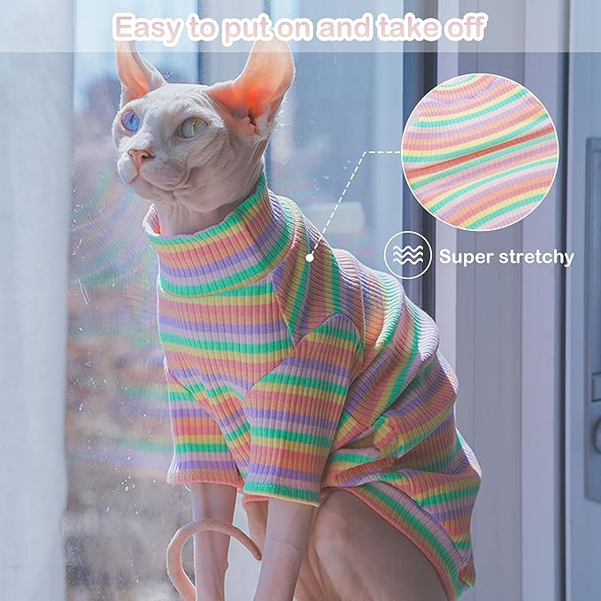 PUMYPOREITY Sphynx Cat Clothes - Soft Hairless Shirt With Sleeves, Stretchy Sweater, Pullover Pajamas Jumpsuit, Turtleneck Outfit for Sphynx Cornish Rex, Devon Rex - Rainbow, M