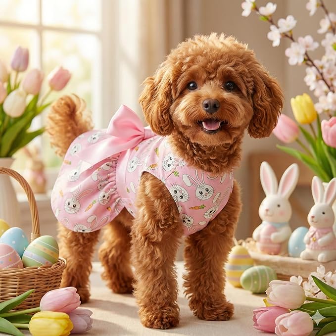Easter Dog Dress with Pink Bunny Print, Cute Spring Pet Skirt for Small Dogs and Puppies, Soft Comfortable Outfit for Holiday