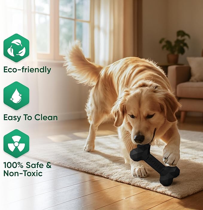 Natural Rubber Dog Chew Bone – Treat-Dispensing, Tough & Indestructible Chew Toy – Safe for Aggressive Chewers – Dental Health & Boredom Relief (Black)