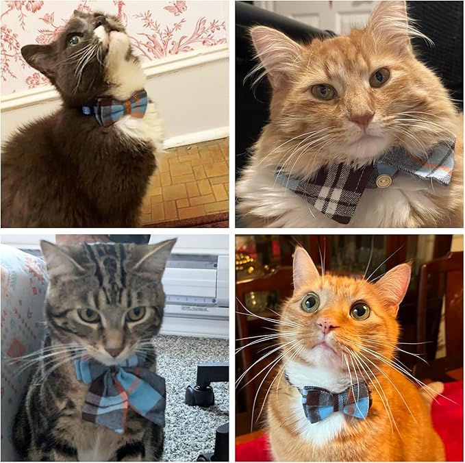 Cat Collar with Bells Breakaway, Bowtie Cat Collar for Boy Girl Cats with Removable Bow Tie Collar, Cute Plaid Kitten Collar with Bell & Pendant Adjustable, 2 Pack Pet Collars for Cats Puppy