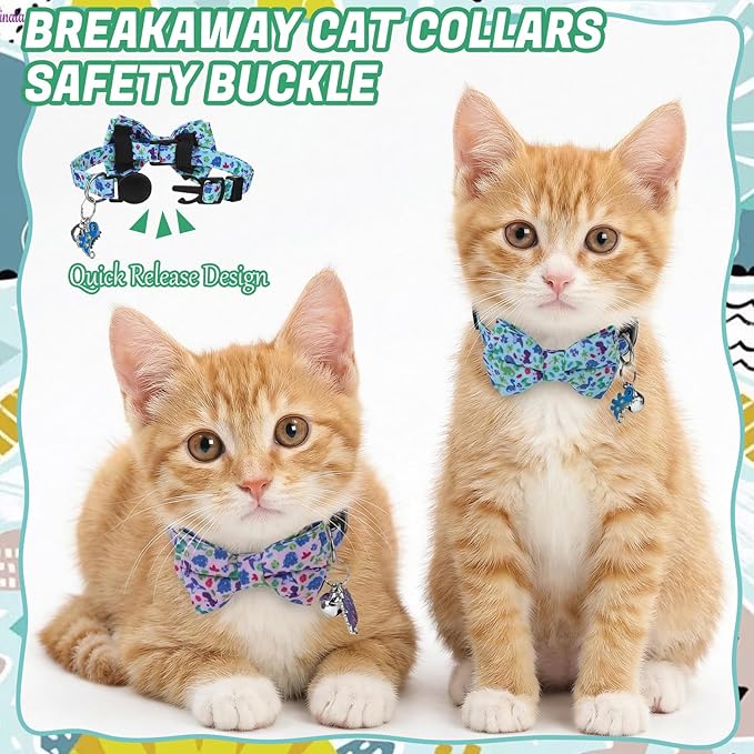 4 Pcs Breakaway Cat Collar with Bow Tie and Bell Dinosaurs Cat Kitten Collar with Removable Bowtie Adjustable Safety Collars for Boy Cats