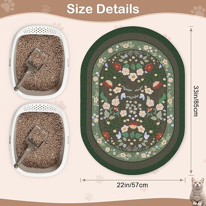 Bienbee Cat Litter Mat, 33" x 22" Large Size Litter Box Mat Rug with Non-Slip Bottom,Urine and Water Proof, Easy to Clean Cat Supplies Essentials for Indoor Kitty Kitten Floor,Green Flowers L