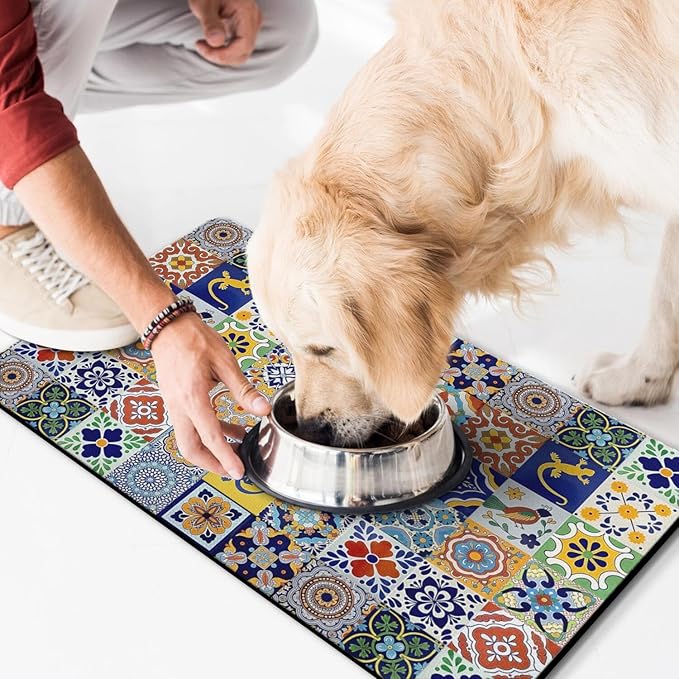 Moroccan Trellis Dog Food & Water Mat, Mexican Talavera Boho Colorful Pet Feeding Mat for Floor Non-Slip Waterproof, Super Absorbent Cat Bowl Mat, Easy to Clean Durable Pet Placemat,17" × 30"
