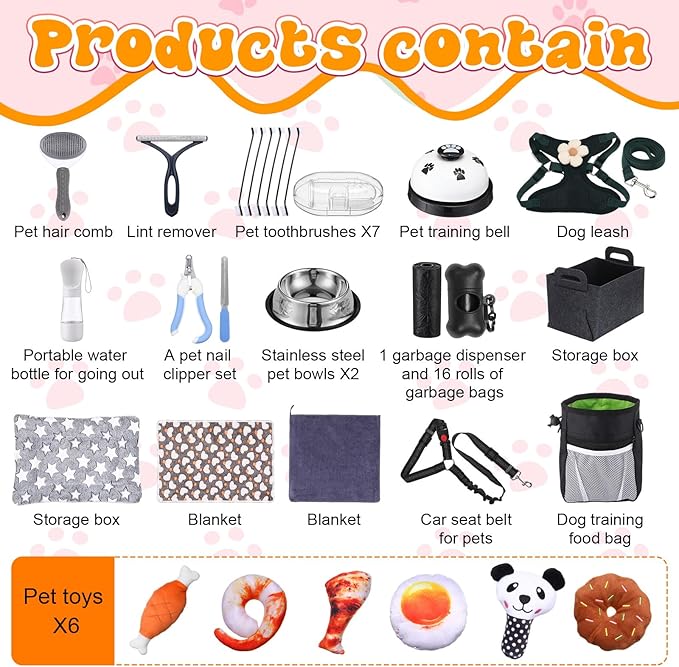 Abbylike 50 Pcs Puppy Supplies Starter Kit for Small Dogs Puppy Essentials Includes Leash, Bowls, Teeth Brushes, Water Bottle, and More Accessories for Dogs Pet Day Welcome Gift(Black)