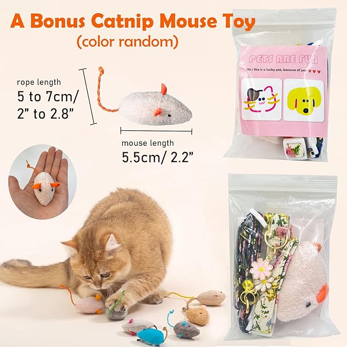 2 Pack Cotton Breakaway Cat Collars Set with Bell and Flower Pendant, Cute Floral Fruit Patterned, Adjustable 7.5-11Inch, Include A Mouse Toy Gift (Heart Cherry)