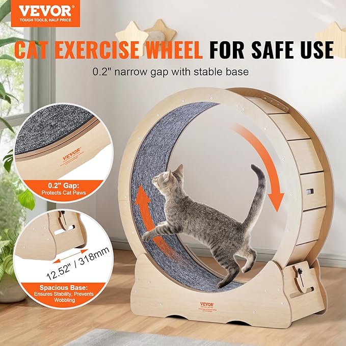 VEVOR Cat Exercise Wheel, Large Cat Treadmill Wheel for Indoor Cats, 35.8 inch Cat Running Wheel with Detachable Carpet and Cat Teaser for Running/Walking/Training, Suitable for Most Cats