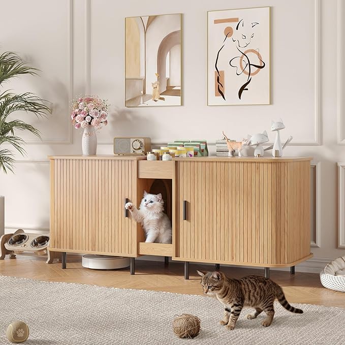 Double Litter Box Enclosure for 2 Cats, 55" Litter Box Furniture Hidden with Cat Scratch Pad, Large Indoor Cat House with Double Room, Wooden Litter Box Cabinet, TV Stand, Natural