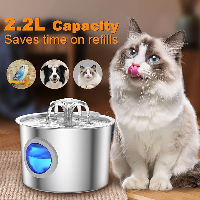 Cat Water Fountain with 6 Filters Advanced 304 Stainless Steel 2.2L/74oz with Detachable Tank, Easy to Clean, Automatic Pet Fountain Quiet Cats Water Dispenser, Dogs,Flower Style Cat Fountain