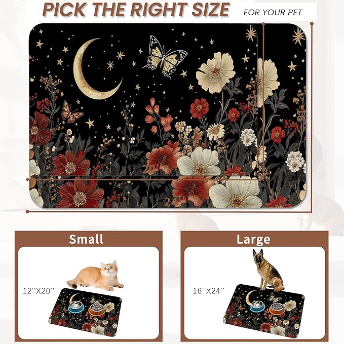 Moon Butterfly Pet Feeding Mat,Vintage Garden Luxury Absorbent Quick-Dry Cat Dog Food and Water Bowl Mats,Non-Slip Rubber Backing Mat,Cat Dog Accessories Supplies 16"x24"