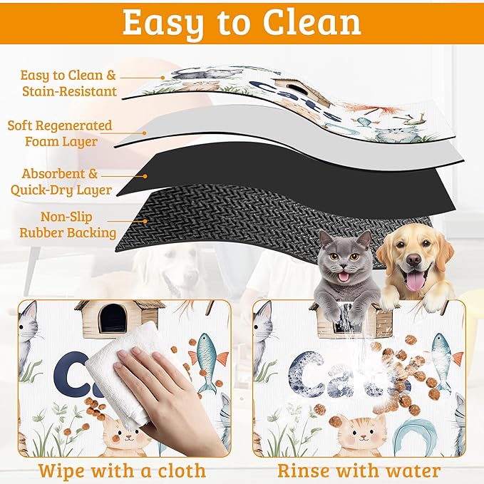 Cats Dog Food Mat,Cute Fun Absorbent Pet Feeding Mat for Food and Water Bowl,Quick Dry Dog Placemat Non Slip Rubber Backing Waterproof Pet Supplies 16" x 24"