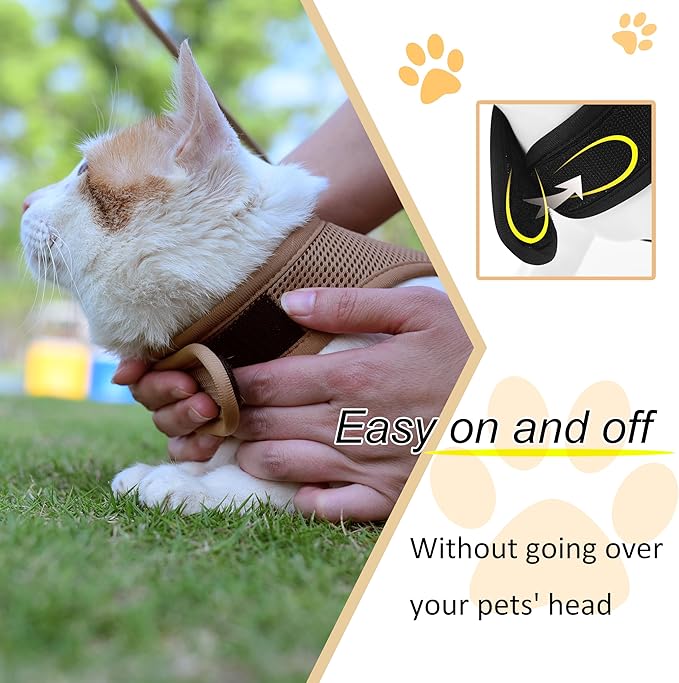 Cat Harness and Leash for Walking Escape Proof Breathable Mesh Fabric, Solid Brown, XX-Large, Adjustable Cat Walking Jackets with Handle, Padded Stylish Cat Vest