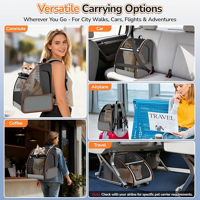 Cat Backpack Carrier Expandable for Outdoor - Foldable Cat Backpack with Breathable Mesh for Small Dog Puppy Kitten Up to 15 lbs - Soft-Sided Pet Carrier for Travel Hiking Camping (Gray)