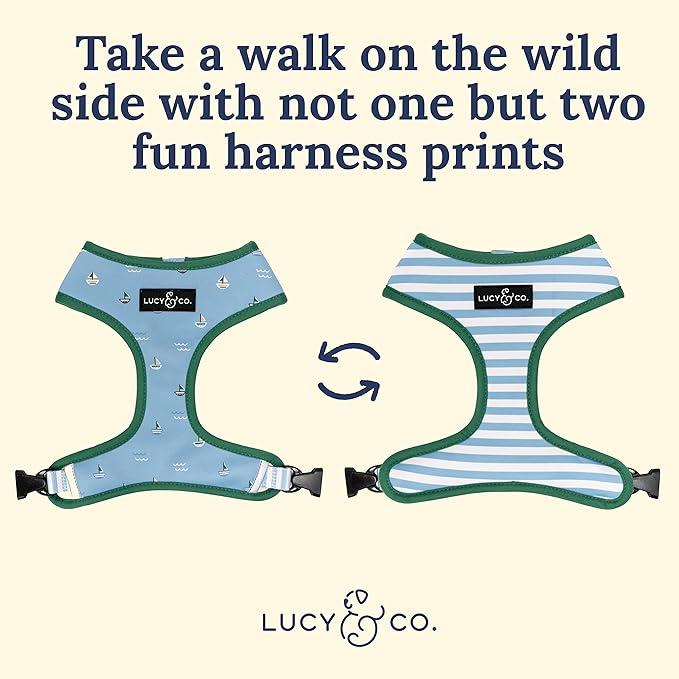 Lucy & Co. Set Sail Reversible Harness, Walking Halter - Best Designer Pet Harnesses for Large Dogs - Padded Adjustable Vest for Easy Walking, X-Large, Blue & White Stripes & Sailboats