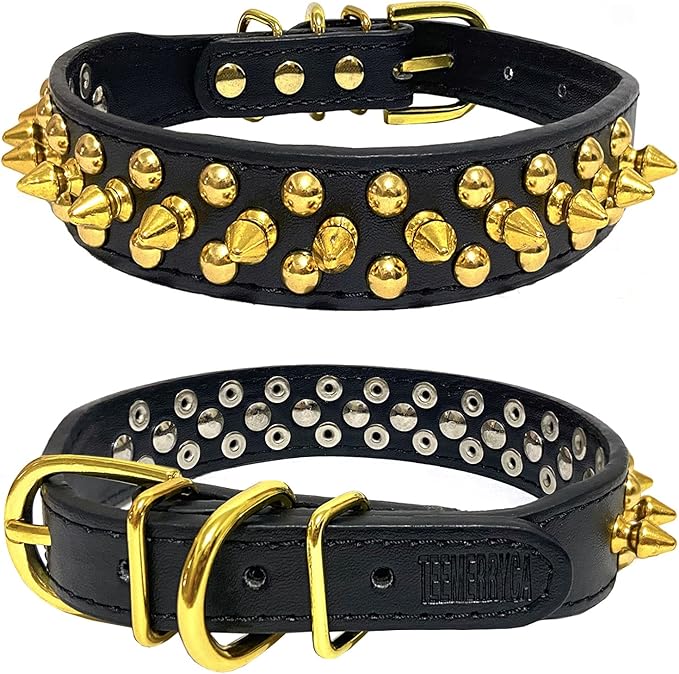 TEEMERRYCA Black Leather Dog Collar with Gold Spikes for Male Small Medium Large Pets, Pit Bulls/Bulldog, Keep Dog Safe from Grabbing by Huge Dogs, M(12"-15")