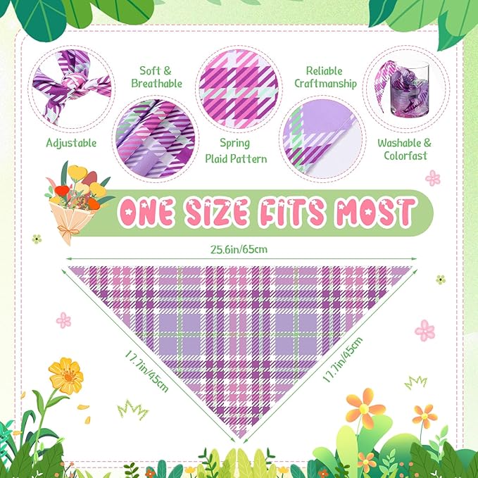 Sweetude 60 Pcs Spring Plaid Dog Bandanas Bulk Spring Pet Scarf Bibs Adjustable Washable Kerchief Seasonal Pet Costume Accessories Grooming Supplies for Small to Large Cats Dogs
