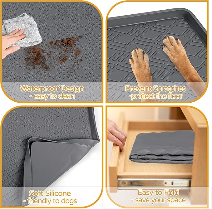 Lanstics Dog Food Mat, 42" x29" Large Silicone Mat Dog Feeding Mat with Raised Edge Non-Slip Pet Feeding Mat for Food and Water Bowl, Easy to Clean, Floor Protection (Dark Gray)