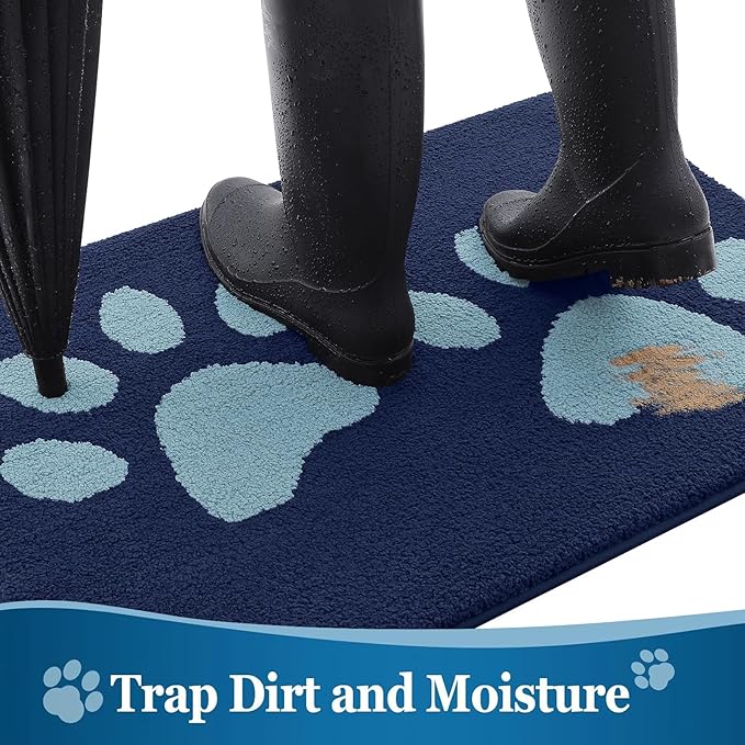 Buganda Dog Door Mat for Muddy Paws, Absorbent Dirt Trapper Washable Indoor Doormats, Non Slip Low-Profile Mud Mat for Dogs, Front Entrance Doormat for Inside Floor (36x24 Inches, Dark Blue)
