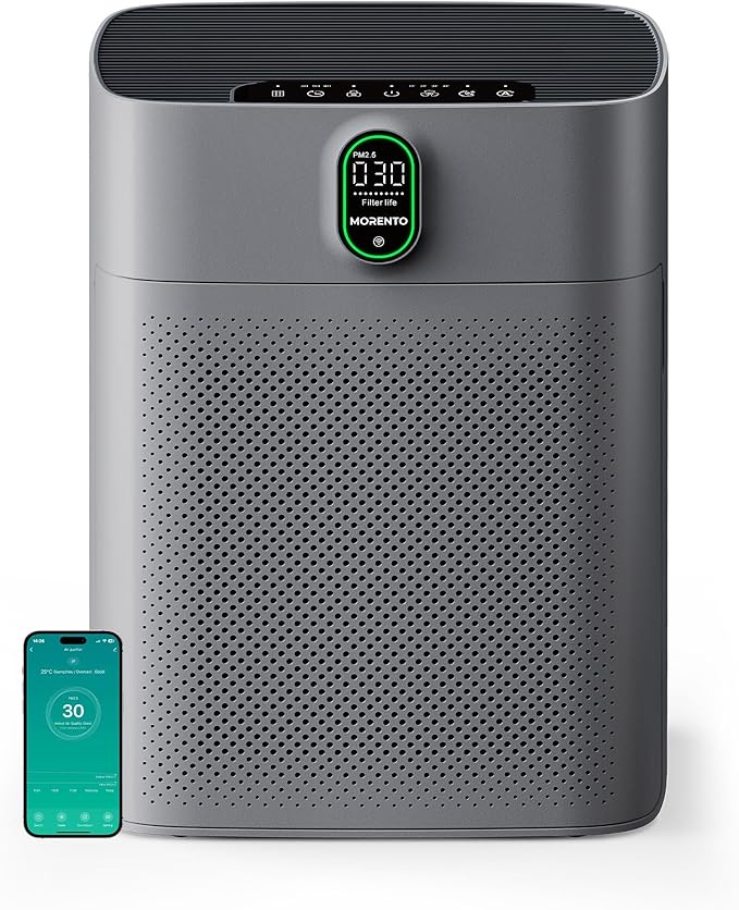 MORENTO Air Purifier for home Large Rooms up to 1076 ft2, Wi-Fi and Alexa compatible, PM2.5 Air Quality Display, Auto Mode, HEPA Filter Removes Dust, Pollen, Smoke 1 Pack +2 Pack Filters(Gray)