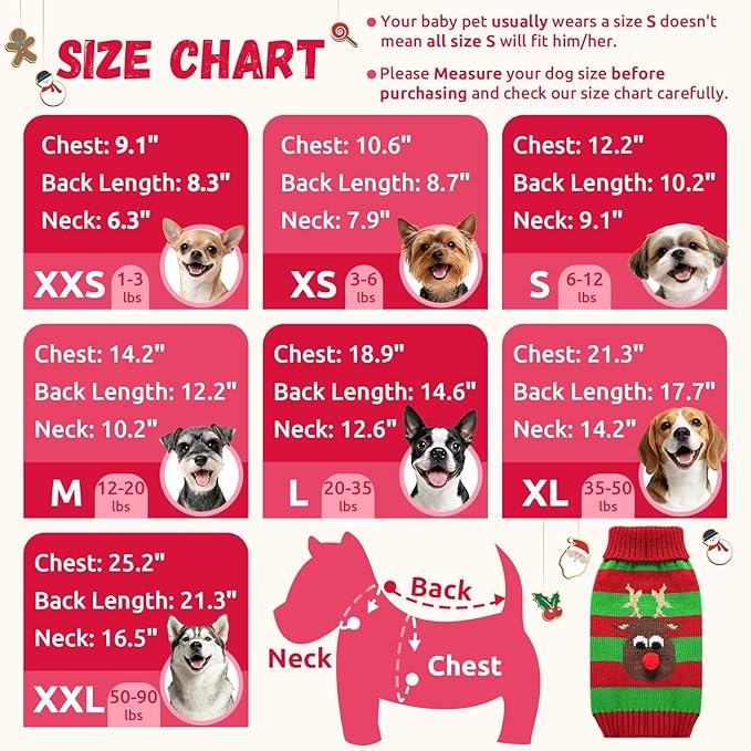 Dog Cat Christmas Sweater Boy Girl Ugly Reindeer Xmas Pet Clothes Holiday Puppy Costume New Year Gifts for Small Medium Large Dogs Outfits (XXS, Red Green Stripe Reindeer)