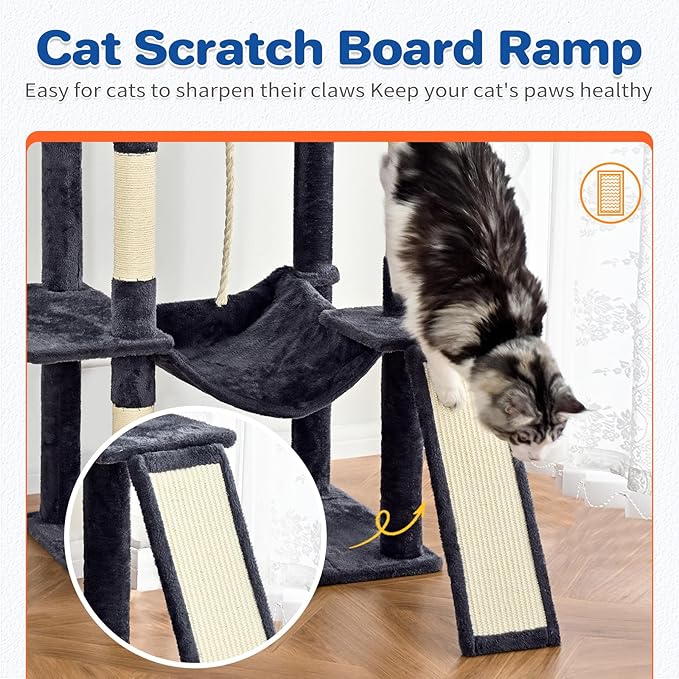 Cat Tree Tower 63in Multi-Level Cat Tower for Indoor Cats with Sisal Scratching Posts, Condo, Hammock, Dangling Ball and Extended Platform for Cats to Play, Grey