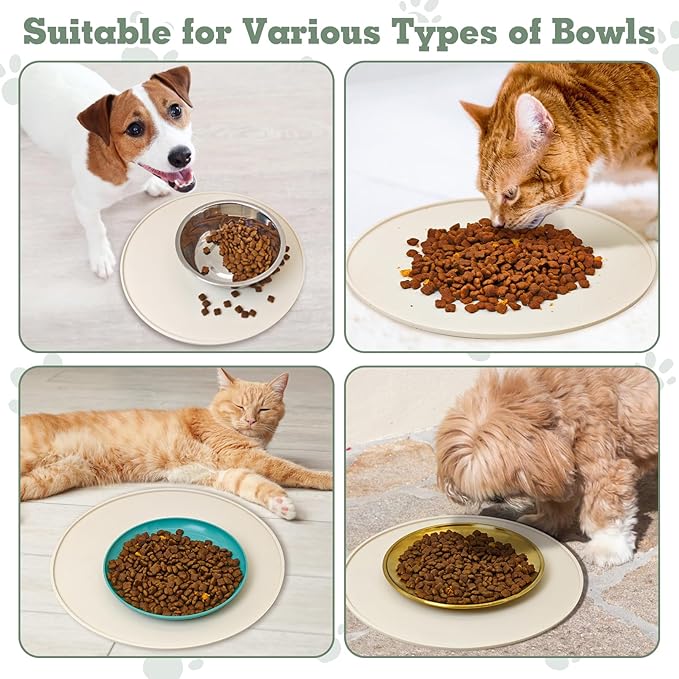 BNOSDM Silicone Cat Feeding Mat 2 Pack Dog Bowl Mats Pet Silicone Food Mat for Food and Water Nonslip Waterproof Feed Mats Round Eating Plate for Small and Medium Cats and Dogs (Beige)