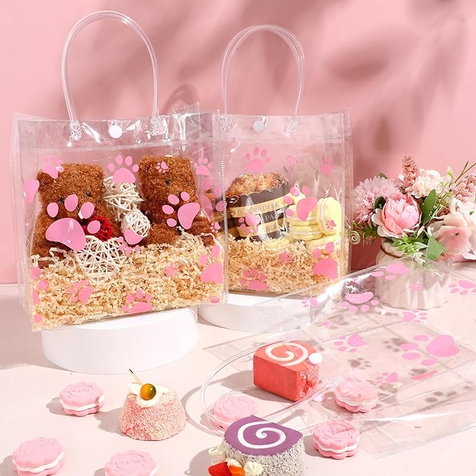 Teling 20 Packs Dog Paw Clear PVC Gift Bags with Handle Reusable Plastic Wrap Tote Bags Transparent for Puppy Pet Treat Party Favor Birthday Wedding Party, 8 x 8 x 3.15 Inch(Pink)