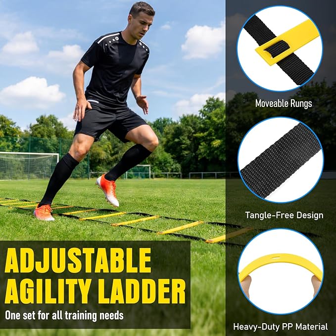 Agility Ladder, Soccer Football Training Equipment Set - 20ft Speed Ladder, 4 Hurdles,Parachute, 12 Cones & Jump Rope | Agility & Speed Training for Kids Youth Adults,Basketball & Football Accessories