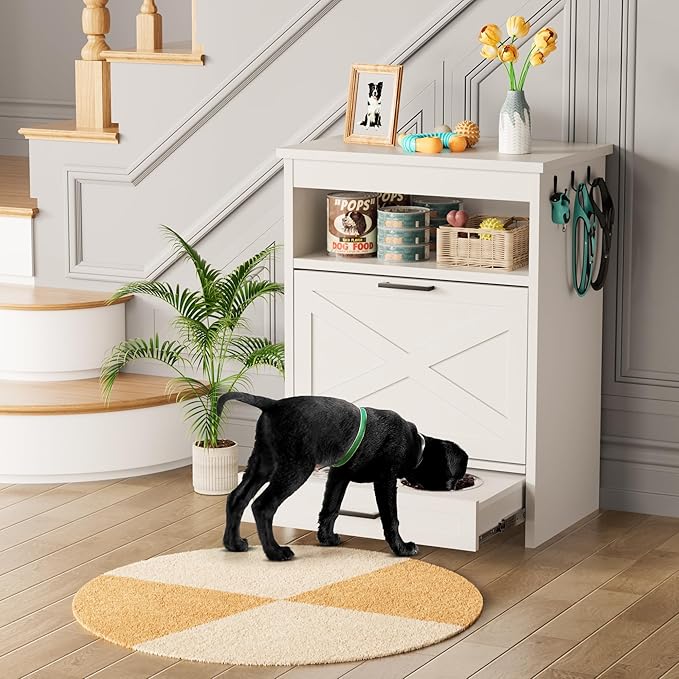 Modern Dog Food Storage Cabinet with 2 Elevated Doggy Bowls, Pet Feeding Station with Organizer, Tilt Out Pet Food Cabinet Furniture, White