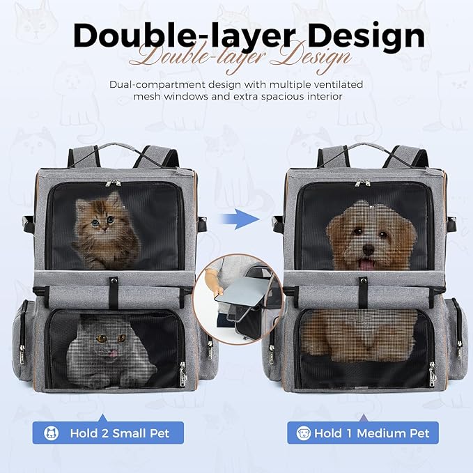 Lekebobor Double Cat Backpack Carrier for 2 Cats, Double-Compartment Pet Carrier Backpack for Two Small Cat or One Medium Cat, Cats Carrier Backpack Dog Carrier Backpack Fits Up to 24 Lbs,Grey