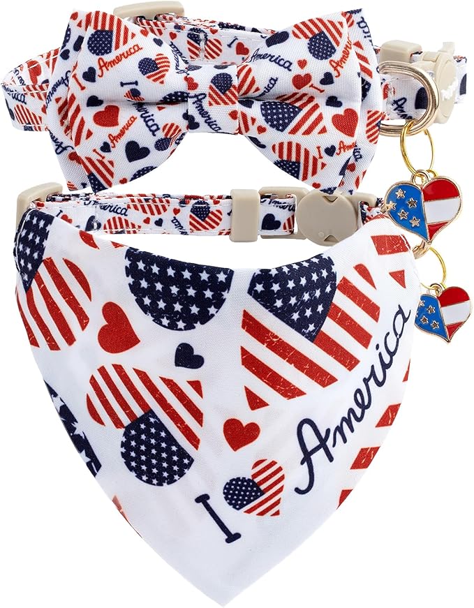 Faygarsle 2 Pack Patriotic Pet Collar Set with Bandana and Bow Tie, American Flag Pattern, White and Navy