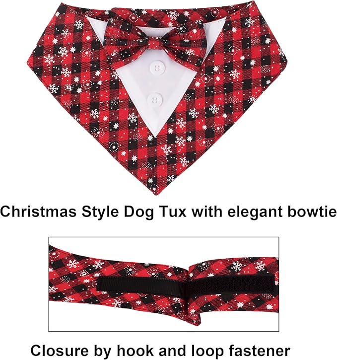 ADOGGYGO Christmas Dog Tuxedo Bandana, Red Plaid Pet Chritstmas Tux with Bowtie Adjustable Christmas Formal Costume for Medium Large Dogs Pets (L)