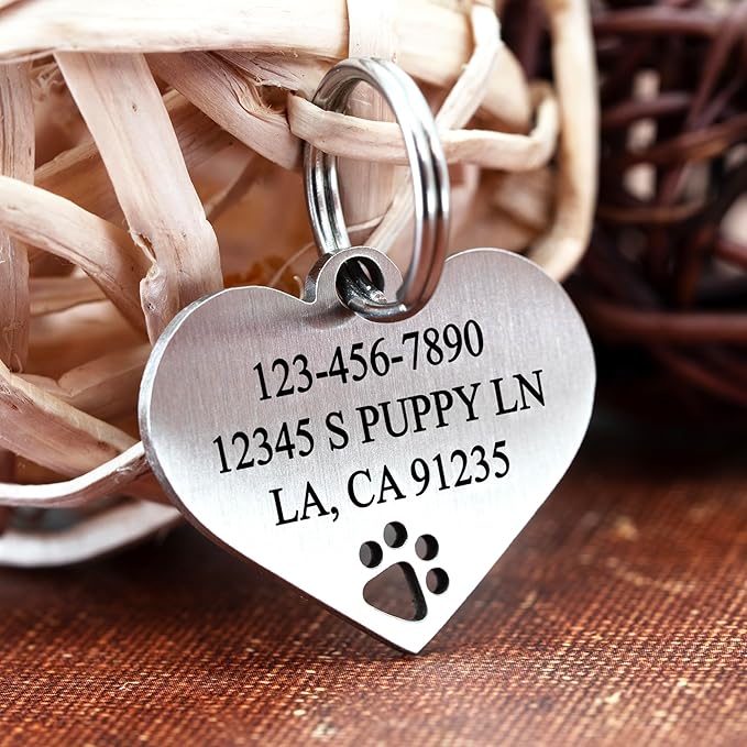 Ultra Joys Dog Tags Personalized for Pets - Hollow Paw Custom Pet ID Tag - Engraved Dog Tag for Small, Large Dogs - Small Heart in Silver
