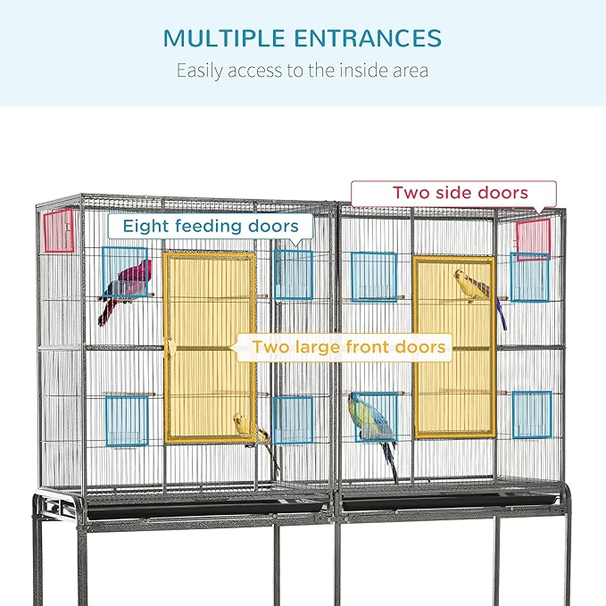 PawHut 65" Double Rolling Metal Bird Cage with Divider, Large Parrot Cage for Parakeet, Canaries, Lovebirds, Budgie, Finch, with Detachable Rolling Stand, Storage Shelf, Wood Perch & Food Container