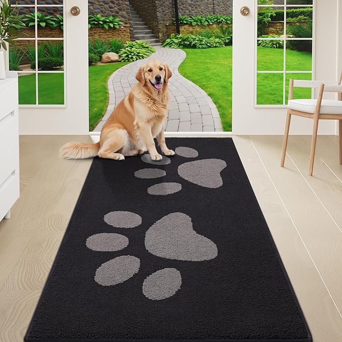Buganda Dog Door Mat for Muddy Paws, Absorbent Dirt Trapper Washable Indoor Doormats, Non Slip Low-Profile Mud Mat for Dogs, Front Entrance Doormat for Inside Floor (59x24 Inches, Black and Grey)