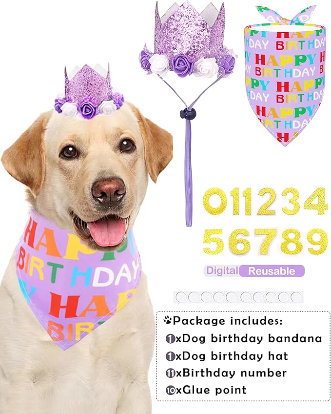 PET SHOW Purple Crown Dog Birthday Party Hat with Bandana Set for Girls Reusable Party Supplies Cat Kitten Headband with 0-9 Numbers Charms Costume Accessories with Glue
