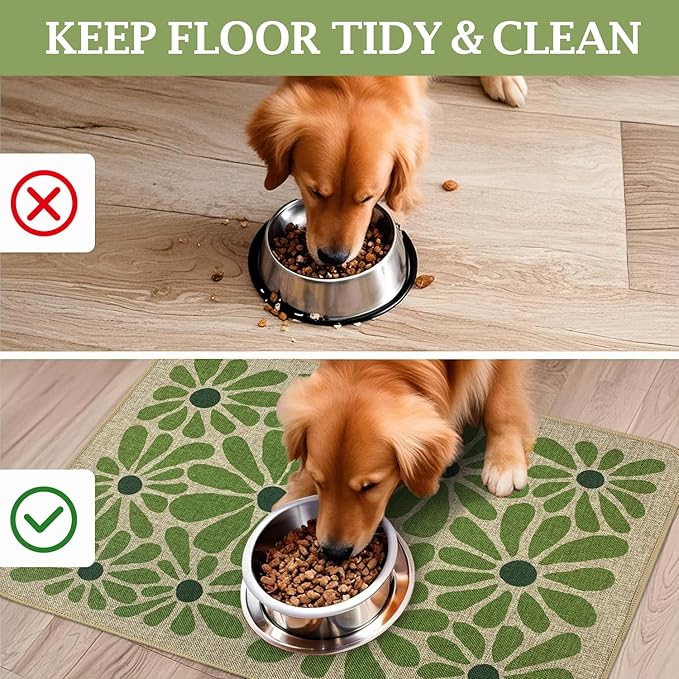 SHIYUE Dog Food Mats for Floors, Absorbent Cat Bowl for Food and Water, Non-Slip Accessories Pet Supplies(16"x24",Green Flower)