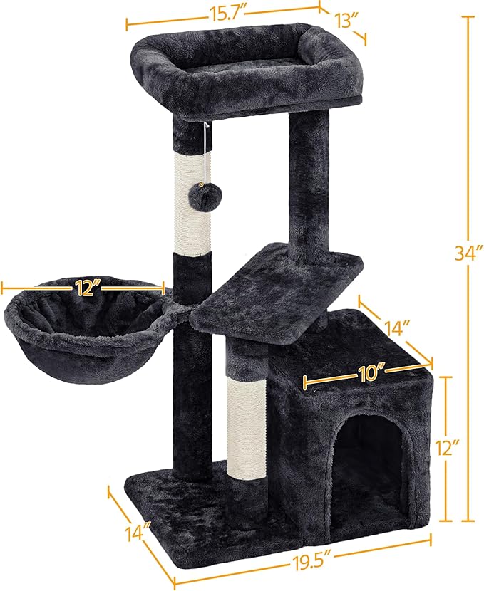 Topeakmart Cat Tree Tower for Indoor Cats, 34.5in Cute Cat Tree Activity Center with Condo & Scratching Post, Multi-Level Cat Climbing Tower Play House w/Large Perch, Platform, Basket, Black