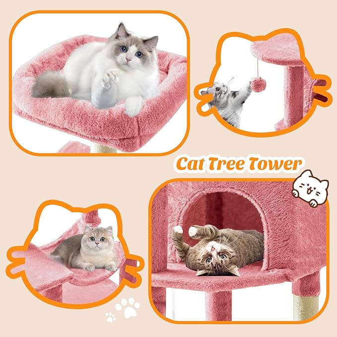 DUMOS Small 44 Inch Cat Tree Tower, Cat Climbing Tower with Natural Sisal Scratching Posts, Hammock, Pet Condo for Indoor Cats and Kittens Play, Pink