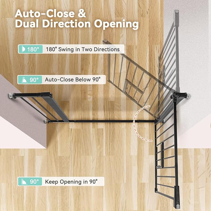 COMOMY Auto Close Baby Gate with Cat Door, 29.5"-40.5" Extra Wide Dog Gate for House Doorways Stairs, Pressure Mounted Easy Walk Thru Pet Gate, Includes 4 Wall Cups and 2 Extension Pieces, Black