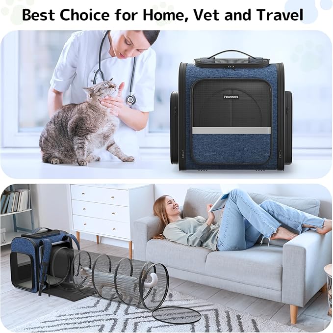 Cat Carrier Backpack with Detachable Play Tunnel, 2 in 1 Cat Tunnel Backpack Suitable for Carrying & Playing, Expandable Pet Carrier for Small Medium Kitten Puppy, Suitable for Travel Hiking Camping