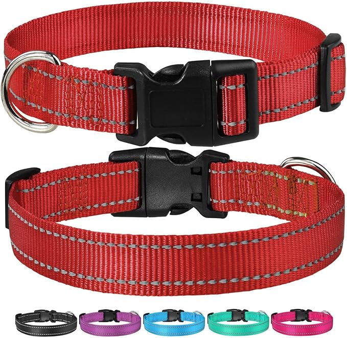 Reflective Dog Collar with Buckle Adjustable Safety Nylon Collars for Small Medium Large Dogs, Red L
