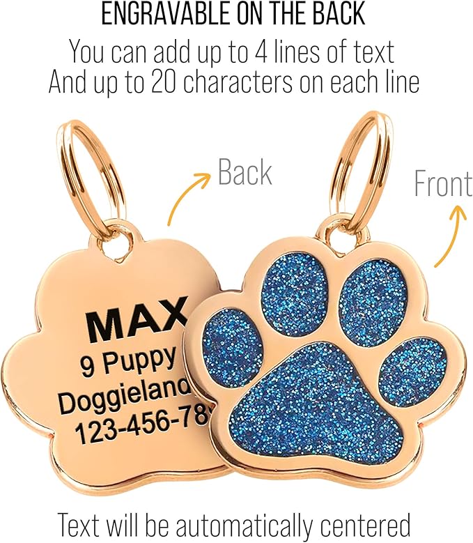 Paw Shape Dog ID Tag Stainless Steel Custom Laser Engraved, Cute Bling Glitter Pet Name Tags Personalized with Durable Engraving (Gold Sparkly Paw)