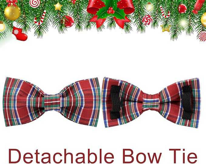 Christmas Plaid Dog Collar with Bow, Red and Blue Check Adjustable Pet Collar with Quick Release, Christmas Stripes Bowtie Collar for Small Medium Large Dogs L