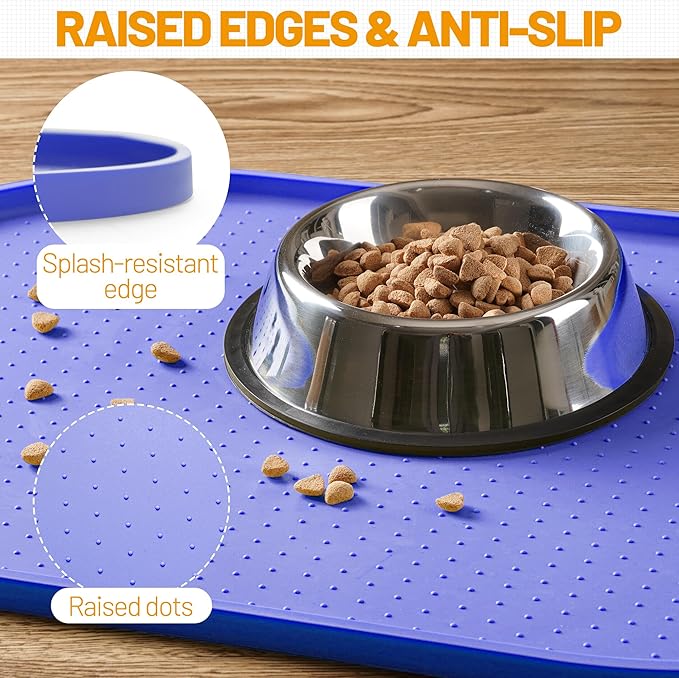 Hubulk 100% Waterproof Silicone Pet Feeding Mat with Raised Edge for Food and Water, Dog Bowl Mats, Cat Bowls Placemat with High Lip Protects Floor for Cats and Dogs (Purple, 16" L x 10" W)